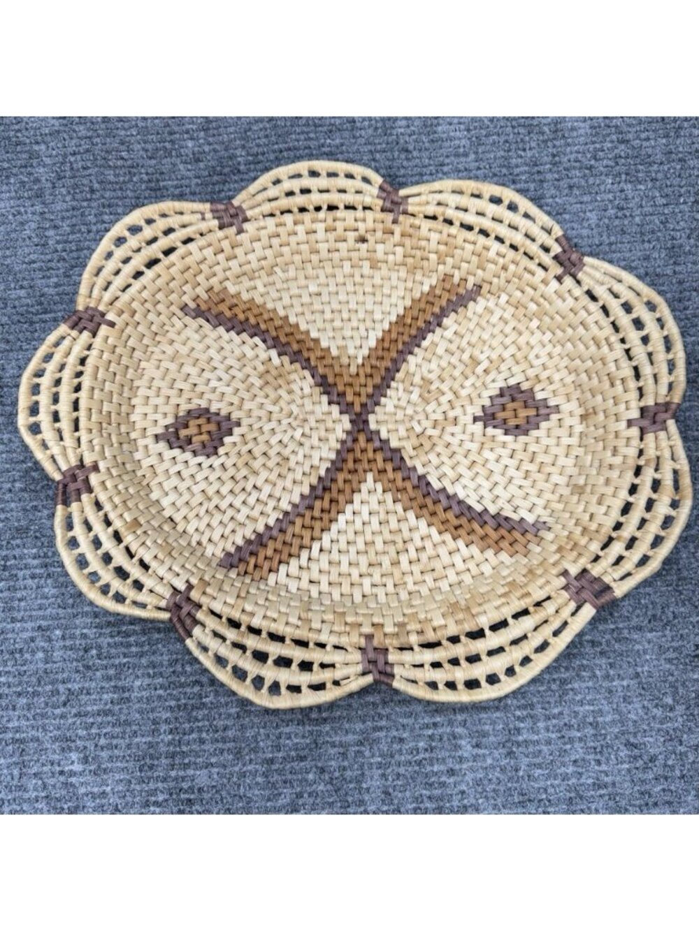 Coiled Hand Woven Basket Tray 16” x 14” x 2 Large Wall Art Boho Chic Decor VTG
